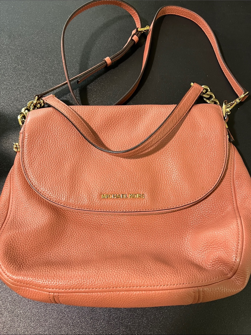 Michael Kors Coral Pebbled Leather Shoulder Bag w Gold Hardware Lg Flap Pocket
